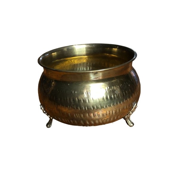 Vintage Hammered Brass Bowl Planter w Feet India Patina Cauldron 5"H 7" Diameter - Picture 12 of 12